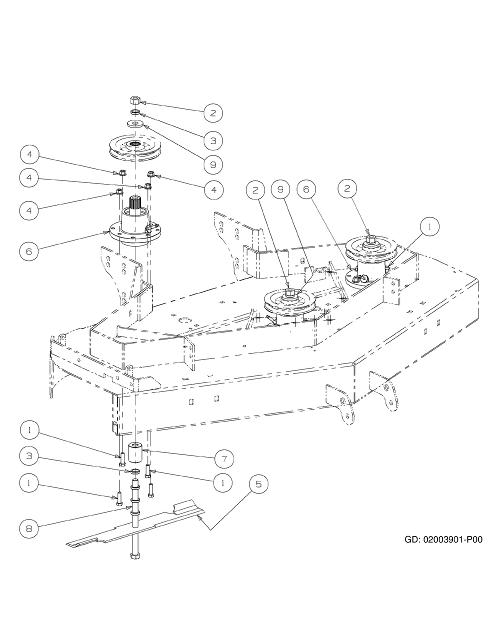 Spindle Assembly 52-Inch Diagram and Parts List for H1952 55AI4HPD750-WAM Cub Cadet Lawn Mower